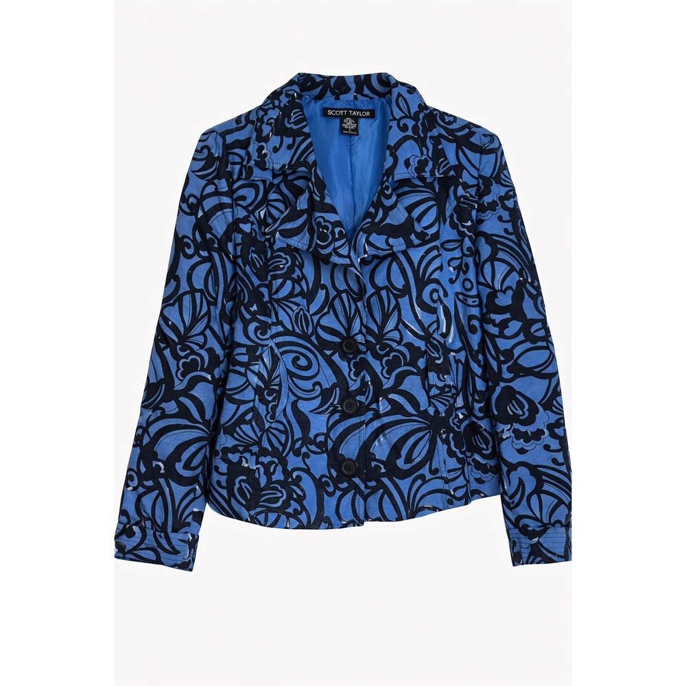 Scott Taylor Blue Black Floral Silk Blend Blazer Jacket Large